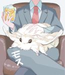  1boy animal animal_on_lap armchair bug chair crossed_legs cup feet_out_of_frame fluffy formal head_out_of_frame highres holding holding_cup moth necktie ootani_eiti original oversized_animal oversized_insect petting red_neckwear suit white_background white_fur 