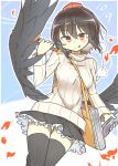  1girl :p between_breasts black_hair breasts duplicate frilled_skirt frills large_breasts matsu_kitsune pixel-perfect_duplicate red_eyes ribbed_sweater shameimaru_aya short_hair simple_background skirt solo strap_between_breasts sweater tengu thigh-highs thighs tongue tongue_out touhou wings 