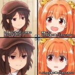  2girls :d bangs bell brown_hair brown_headwear brown_jacket cabbie_hat closed_mouth collared_shirt commentary_request eyebrows_visible_through_hair for_the_better_right?_(meme) hair_bell hair_between_eyes hair_ornament hat jacket jingle_bell meme motoori_kosuzu multiple_girls necktie open_mouth orange_hair red_eyes red_neckwear shaded_face shameimaru_aya shirosato shirt smile touhou translation_request two_side_up white_shirt 