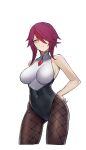 1girl absurdres bare_shoulders breasts brown_legwear closed_mouth covered_navel fishnet_legwear fishnets genshin_impact hair_between_eyes hair_over_one_eye hand_on_hip highres large_breasts looking_at_viewer multicolored_hair pantyhose purple_hair redhead rosaria_(genshin_impact) simple_background solo standing streaked_hair terebi_(shimizu1996) thighs white_background yellow_eyes 