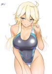  1girl ahoge ass_visible_through_thighs ayuman blonde_hair blue_eyes blue_swimsuit breasts competition_swimsuit covered_navel cowboy_shot dated highleg highleg_swimsuit highres iowa_(kancolle) kantai_collection large_breasts leaning_forward looking_at_viewer one-piece_swimsuit signature simple_background solo star-shaped_pupils star_(symbol) swimsuit symbol-shaped_pupils tan white_background 