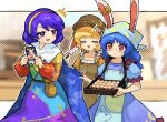  3girls ^^^ animal_ears animal_print apron bangs blonde_hair blue_dress blue_hair blue_headwear brown_bag brown_headwear bunny_print cabbie_hat cape cape_grab card closed_eyes commentary crescent crying crying_with_eyes_open dango dress earclip ears_through_headwear food hairband hat head_scarf highres holding howhow_notei long_hair long_sleeves medium_hair multicolored multicolored_clothes multicolored_dress multiple_girls open_mouth pouch puffy_short_sleeves puffy_sleeves purple_hair rabbit_ears rainbow_gradient red_eyes ringo_(touhou) seiran_(touhou) short_sleeves sky_print smile star_(symbol) star_print tears tenkyuu_chimata touhou tray two-sided_cape two-sided_fabric violet_eyes wagashi white_cape yellow_dress 