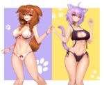  2girls :d ahoge animal_collar animal_ear_fluff animal_ears bangs black_bra black_collar black_panties bone_hair_ornament bow bow_bra bow_panties bra braid breasts brown_eyes brown_hair cartoon_bone cat_cutout cat_ear_panties cat_ears cat_girl cat_lingerie cat_tail cleavage_cutout closed_mouth clothing_cutout collar collarbone commentary crossed_bangs dog_ears dog_girl dog_tail english_commentary groin hair_between_eyes hair_ornament hair_over_shoulder hand_up head_tilt highres holding_hands hololive inugami_korone large_breasts long_hair looking_at_viewer meme_attire multiple_girls navel nekomata_okayu notte open_mouth panties paw_print paw_print_background purple_background purple_hair red_bow red_collar shiny shiny_skin short_hair side-tie_panties side_braids smile standing stomach strapless strapless_bra tail thigh_gap twin_braids two-tone_background underwear underwear_only violet_eyes virtual_youtuber white_bra white_panties wristband yellow_background 