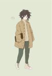  1boy alternate_costume bangs brown_coat brown_eyes brown_hair buttons closed_mouth coat collared_coat commentary_request full_body green_pants hand_in_pocket highres leaf long_sleeves looking_back male_focus nate_(pokemon) open_clothes open_coat pants pokemon pokemon_(game) pokemon_bw2 sakko shoelaces shoes short_hair solo standing sweater turtleneck turtleneck_sweater yellow_sweater 