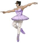  angry armpits arms_up ballerina bare_arms bare_shoulders black_hair blue_eyes dress foot_up frown hat jojo_no_kimyou_na_bouken knee_up kujo_jotaro muscular muscular_male outstretched_arms pointing purple_dress purple_footwear skirt spread_arms standing standing_on_one_leg what white_background 