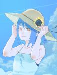  1girl bangs blue_hair blue_sky closed_eyes clouds commentary_request day dress flower hands_on_headwear hat hat_flower hat_ribbon konan_(naruto) looking_at_viewer meitarou naruto_(series) naruto_shippuuden orange_eyes outdoors ribbon sky sleeveless sleeveless_dress smile solo straw_hat sun_hat sundress sunflower upper_body yellow_flower yellow_headwear younger 