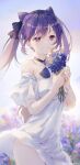  1girl :d absurdres alternate_costume artist_name blue_sky blush choker cowboy_shot dated day dress flower genshin_impact grin hair_cones highres holding holding_flower keqing_(genshin_impact) lavender_(flower) long_hair looking_at_viewer off-shoulder_dress off_shoulder open_mouth outdoors pink_eyes purple_choker purple_flower short_sleeves sky smile solo swkl:d symbol-only_commentary teeth twintails violet_eyes white_dress 