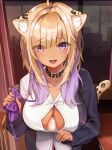  1girl :d absurdres ahoge alternate_hair_color alternate_skin_color animal_ear_fluff animal_ears animal_print between_breasts black_cardigan black_collar blonde_hair bow bowtie breasts cardigan cat_ears cat_tail collar commentary_request dark-skinned_female dark_skin egg eyebrows_visible_through_hair gyaru highres hololive indoors large_breasts leopard_print long_hair long_sleeves looking_at_viewer multicolored_hair murako_(murakumoko) nekomata_okayu off_shoulder open_cardigan open_clothes open_mouth open_shirt purple_hair shirt smile solo tail two-tone_hair upper_body violet_eyes virtual_youtuber white_shirt window 