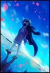  1boy abs bare_pectorals black_border black_hair blue_sky border chris_re5 clenched_hand clouds coat coat_on_shoulders dutch_angle frown full_body hat male_focus monkey_d._luffy one_piece open_clothes open_shirt orange_shorts pectorals petals reflective_floor sandals scar scar_on_chest serious shorts signature sky solo sun_hat sunset twitter_username watermark 