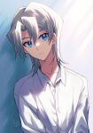  1boy bangs bishounen blue_eyes closed_mouth collared_shirt dress_shirt edo_phoenix hair_between_eyes hair_intakes looking_at_viewer male_focus mikami_(mkm0v0) shiny shiny_hair shirt silver_hair solo upper_body white_shirt wing_collar yu-gi-oh! yu-gi-oh!_gx 