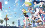  3girls :d ai-chan_(honkai_impact) artist_name balloon bangs bare_shoulders belt black_shirt blue_shirt blue_sky bronya_zaychik bronya_zaychik_(valkyrie_chariot) building clouds cloudy_sky confetti drill_hair floating food_in_mouth full_body green_jacket grey_hair hair_between_eyes hair_ribbon hat highres holding_hands homu_(honkai_impact) honkai_(series) honkai_impact_3rd index_finger_raised jacket kiana_kaslana kiana_kaslana_(knight_moonbeam) multiple_girls mush_(mushlicious) open_mouth outdoors palm_tree pointing ponytail popsicle_in_mouth project_bunny purple_hair raiden_mei raiden_mei_(lightning_empress) ribbon sailor_collar sandals shirt short_sleeves sky sleeveless sleeveless_shirt smile straw_hat summer summer_uniform sun tree twin_drills violet_eyes walking white_hair 