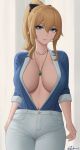  1girl absurdres blonde_hair blue_eyes blue_shirt breasts cowboy_shot denim genshin_impact highres jean_(genshin_impact) jeans jewelry large_breasts lips navel necklace open_clothes open_shirt pants parted_lips ponytail shirt shirt_tucked_in solo thigh_gap zaphn 