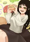  1girl absurdres black_hair blush burger chainsaw_man coat doll food green_eyes highres mole mole_under_eye mole_under_mouth santa_claus_(chainsaw_man) tare_negima 