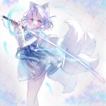  1girl :d animal_ear_fluff animal_ears bangs black_nails blue_skirt blush commentary_request eyebrows_visible_through_hair fox_ears fox_girl fox_tail grey_eyes hair_between_eyes highres holding holding_sword holding_weapon katana kitsune long_hair looking_at_viewer nail_polish open_mouth original pleated_skirt skirt smile solo sword tail tandohark weapon white_hair 
