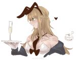  1girl absurdres animal_ears blonde_hair bow bowtie braid breasts coat cup drinking_glass fake_animal_ears from_side glasses green_eyes highres holding holding_plate long_hair necktie original plate playboy_bunny rabbit_ears simple_background smile upper_body white_background wine_glass wozaidengkaochang 