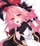  1boy :d animal_ears astolfo_(fate) astolfo_(saber)_(fate) bangs bed_sheet black_gloves black_neckwear blush bow bowtie clothes_lift dakimakura_(medium) eyebrows_visible_through_hair fake_animal_ears fang fate/grand_order fate_(series) from_side gloves hair_bow hair_intakes hairband looking_at_viewer male_focus multicolored_hair open_mouth otoko_no_ko pillow pink_hair rabbit_ears skirt skirt_lift smile solo streaked_hair violet_eyes white_hair wing_collar yaguo 