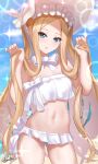  1girl abigail_williams_(fate) abigail_williams_(swimsuit_foreigner)_(fate) absurdres bangs bare_shoulders beach bikini blonde_hair blue_eyes blue_sky bonnet bow breasts fate/grand_order fate_(series) forehead hair_bow highres holding holding_hair long_hair miniskirt navel nez-box open_mouth parted_bangs revision sidelocks skirt sky small_breasts sparkle swimsuit twintails very_long_hair white_bikini white_bow white_headwear 