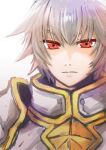  1boy absurdres armor bangs breastplate closed_mouth commentary_request cross expressionless highres looking_at_viewer lord_knight_(ragnarok_online) male_focus manoji pauldrons ragnarok_online red_eyes seyren_windsor short_hair shoulder_armor simple_background solo upper_body white_background white_hair 