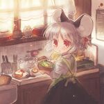  1girl alternate_hairstyle animal_ear_fluff animal_ears apron bangs biyon black_skirt bowl cooking curtains green_apron grey_hair holding indoors kitchen looking_back mouse mouse_ears nazrin plate red_eyes salad shirt short_hair short_ponytail skirt solo sunny_side_up_egg touhou twitter_username upper_body white_shirt window 
