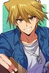  1boy aqua_background bangs blonde_hair blue_jacket brown_eyes card dog_tags duel_disk eyebrows_visible_through_hair grin hair_between_eyes holding holding_card jacket jounouchi_katsuya looking_at_viewer male_focus mikami_(mkm0v0) open_clothes open_jacket shiny shiny_hair shirt short_hair smile upper_body white_shirt yu-gi-oh! yu-gi-oh!_duel_monsters 