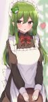  1girl absurdres alternate_costume aohane apron bangs blurry blurry_background blush bow breasts collared_shirt commentary_request enmaided fang frog_hair_ornament green_eyes green_hair hair_ornament heart highres kochiya_sanae long_hair long_sleeves maid maid_apron maid_headdress medium_breasts red_bow red_neckwear shirt sidelocks skin_fang solo standing touhou tray upper_body wing_collar 