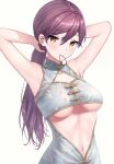  1girl adjusting_hair armpits arms_up breasts china_dress chinese_clothes dress eyebrows_visible_through_hair hair_tie hair_tie_in_mouth midriff mouth_hold navel original ponytail purple_hair tantansanpo tying_hair under_boob white_background yellow_eyes 