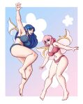  2girls :d :o armpits ass barefoot belly blue_eyes blue_hair bow bra breasts curvy daiyousei_mob_(touhou) fairy_wings fat_rolls feet flower hair_flower hair_ornament highres huge_breasts jumping large_breasts long_hair looking_at_viewer multiple_girls open_mouth outstretched_arms panties pink_bra pink_eyes pink_hair pink_panties pointy_ears short_hair smile spookoarts spread_arms thick_thighs thighs touhou underwear wings 