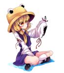  1girl black_footwear blonde_hair brown_headwear bug butterfly closed_mouth crossed_legs eyebrows_visible_through_hair full_body hair_ribbon hat highres long_hair long_sleeves moriya_suwako orange_eyes purple_skirt purple_vest red_ribbon ribbon ribbon-trimmed_sleeves ribbon_trim shen_li shirt shoes sitting skirt skirt_set sleeves_past_wrists solo touhou turtleneck vest white_legwear white_shirt wide_sleeves 