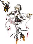  1girl android artist_request backless_outfit black_ribbon bow code:_failess_(elsword) earpiece electricity elsword expressionless facial_mark finger_cots floating forehead_jewel frills full_body leg_ribbon looking_at_viewer moby_(elsword) official_art open_hand orange_eyes outstretched_arms pink_trim remy_(elsword) ribbon short_hair silver_hair white_ribbon 