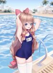  1girl a-soul absurdres ahoge blue_eyes blue_swimsuit blurry blurry_background bow brown_hair commentary_request day diana_(a-soul) gioyun_vi hair_bow highres long_hair name_tag outdoors palm_tree pool pool_ladder school_swimsuit solo swimsuit thigh-highs tree wavy_hair white_legwear 