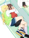  &gt;_&lt; 2girls ^_^ ahoge amami_haruka ankle_socks bangs between_legs between_thighs black_legwear black_skirt blonde_hair blue_footwear blunt_bangs blush bow brown_hair chibi closed_eyes closed_mouth couch cuddling d.y.x. d: denim denim_shorts dreaming drooling dx eyebrows_visible_through_hair facing_viewer food from_above full_body hair_bow hair_ribbon hands_up hood hood_down hoshii_miki hug hug_from_behind idolmaster indoors kneehighs leg_between_thighs loafers long_hair long_sleeves lying mouth_drool multiple_girls nightmare no_nose on_side on_stomach onigiri open_hands open_mouth oversized_food parted_lips pillow pink_ribbon pleated_skirt profile red_bow ribbon shaded_face shoe_soles shoes short_hair shorts skirt sleeping smile sneakers socks spooning sweat thought_bubble turn_pale two-tone_footwear wavy_mouth white_legwear yuri zzz 