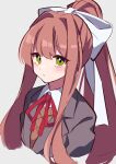  1girl absurdres bangs blazer bow brown_hair closed_mouth doki_doki_literature_club eyebrows_visible_through_hair green_eyes hair_bow highres jacket long_hair looking_at_viewer monika_(doki_doki_literature_club) ponytail ribbon school_uniform simple_background solo uhouhogorigori white_bow 