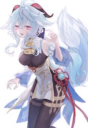  absurdres ahoge animal_ears bangs bare_shoulders bell black_legwear blue_hair breasts chinese_knot curled_horns flower_knot fox_ears fox_tail ganyu_(genshin_impact) genshin_impact gold_trim highres horns looking_at_viewer medium_breasts myunn_aa neck_bell no_gloves sidelocks solo tail thighlet violet_eyes vision_(genshin_impact) white_background white_sleeves wide_sleeves 