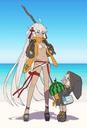  2girls ahoge bangs beach bikini black_jacket blush breasts cropped_jacket dark-skinned_female dark_skin fate/grand_order fate_(series) food fruit grey_eyes highres hood hooded_jacket jacket long_hair long_sleeves medium_breasts multiple_girls navel okita_souji_(alter_swimsuit_saber)_(fate) okita_souji_(fate) open_mouth orange_scarf rengoku_(fate) scarf shrug_(clothing) smile stick swimsuit tassel very_long_hair wada_arco watermelon white_bikini white_hair 