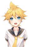  1boy aqua_eyes aroeruji3 bass_clef blonde_hair blue_eyes blush close-up commentary highres kagamine_len looking_at_viewer male_focus sailor_collar short_hair smile solo_focus vocaloid white_background 