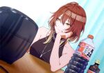  1girl aketa_mikoto bottle breasts brown_hair chain_necklace circulatormai head_rest idolmaster idolmaster_shiny_colors jewelry necklace rice_cooker sleeveless smile solo 