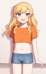  1girl :d arm_support arms_at_sides bangs blonde_hair blue_eyes blue_shorts blush chiyoko_(tykchiyo) collarbone cowboy_shot crop_top denim denim_shorts eyebrows_visible_through_hair highres idolmaster idolmaster_cinderella_girls long_hair looking_at_viewer midriff navel ohtsuki_yui open_mouth orange_shirt shiny shiny_hair shirt short_shorts shorts smile solo stomach teeth translation_request upper_teeth wavy_hair 