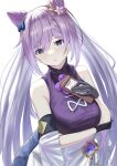  1girl bangs bare_shoulders black_bow black_gloves bow braid breasts commentary_request eyebrows_visible_through_hair genshin_impact gloves hair_between_eyes hair_bow hair_cones hand_up highres keqing_(genshin_impact) long_hair medium_breasts natsuki_(natukituki) parted_lips purple_hair purple_shirt shirt simple_background sleeveless sleeveless_shirt solo very_long_hair violet_eyes white_background 