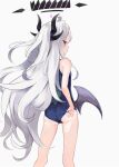  1girl ahoge ass bare_arms bare_legs bare_shoulders blue_archive from_behind halo hina_(blue_archive) horns long_hair low_wings multiple_horns old_school_swimsuit school_swimsuit solo swimsuit violet_eyes watanuki_416 white_hair wings 
