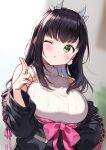  1girl ;o bangs bare_shoulders black_hair black_jacket blurry blurry_background blush bow breasts commentary_request depth_of_field eyebrows_visible_through_hair green_eyes grey_bow grey_hairband hairband hand_up indie_virtual_youtuber jacket long_hair long_sleeves looking_at_viewer medium_breasts nishizaa-san nishizawa off_shoulder one_eye_closed open_clothes open_jacket parted_lips pink_bow puffy_long_sleeves puffy_sleeves ribbed_sweater sleeveless sleeveless_turtleneck solo sweater turtleneck turtleneck_sweater upper_body virtual_youtuber white_sweater 