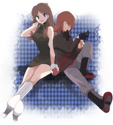  1boy 1girl ageha black_dress black_footwear black_gloves blue_eyes boots brown_hair checkered checkered_background dress earrings gloves green_(pokemon) grey_eyes jewelry poke_ball pokemon pokemon_adventures redhead silver_(pokemon) smile step-siblings white_footwear white_gloves 