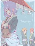 1girl 2boys :d arms_behind_head arms_up blue_eyes commentary_request english_text fishnets flower hair_bun hair_flower hair_ornament highres holding holding_umbrella konan_(naruto) long_sleeves looking_at_another looking_at_viewer meitarou multiple_boys nagato_(naruto) naruto_(series) naruto_shippuuden open_mouth orange_eyes orange_hair purple_hair red_umbrella redhead rinnegan short_hair smile umbrella yahiko_(naruto) younger 