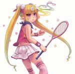  ball breasts child cigarette gnocchi holding miniskirt original pleated_skirt pointy_ears racket simple_background skirt small_breasts solo star_(symbol) tennis tennis_ball tennis_racket thigh-highs twintails violet_eyes white_background wristband zettai_ryouiki 