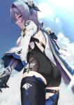  1girl ashino_moto ass backless_leotard black_gloves blue_sky breasts clouds cloudy_sky day eula_(genshin_impact) from_behind from_below genshin_impact gloves hairband highres leotard long_sleeves looking_at_viewer open_mouth sky solo thigh-highs thigh_strap vambraces 