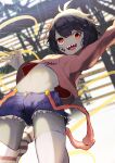  1girl :d absurdres bangs black_hair blood blood_on_face blue_shorts brown_eyes colored_skin denim denim_shorts getto grey_skin highres indie_virtual_youtuber jumping lazy_eye open_mouth pink_skirt sharp_teeth short_hair shorts skirt smile solo stitched_leg suspenders suspenders_hanging teeth upper_teeth virtual_youtuber zombie zonbko 