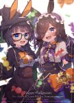  2girls absurdres artist_name bangs blue_eyes blurry blurry_foreground blush border bow braid candy center_frills character_name commentary_request english_text fangs food frilled_hairband frills glasses gloves hair_over_one_eye hairband happy_halloween hat highres kotori_inaka large_bow long_sleeves looking_at_viewer multiple_girls open_mouth outside_border puffy_short_sleeves puffy_sleeves purple_gloves purple_skirt rice_shower_(umamusume) robe shirt short_sleeves side_braid skirt teeth umamusume upper_teeth violet_eyes white_shirt witch_hat zenno_rob_roy_(umamusume) 