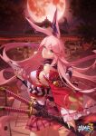  1girl animal_ears architecture bangs bare_shoulders closed_mouth east_asian_architecture fox_ears fox_mask hair_between_eyes highres honkai_(series) honkai_impact_3rd japanese_clothes katana long_hair mask miko moon night night_sky official_art outdoors pink_hair pink_skirt red_moon sheath sheathed skirt sky solo sougishi_ego sword tree violet_eyes weapon yae_sakura yae_sakura_(gyakushinn_miko) 