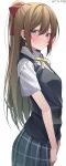  1girl absurdres bangs blue_eyes blue_vest blush brown_hair collared_shirt commentary cowboy_shot eyebrows_visible_through_hair grey_skirt hair_between_eyes hair_ribbon half_updo highres kawai_ritsu_(rits_meg) long_hair looking_at_viewer looking_to_the_side love_live! love_live!_nijigasaki_high_school_idol_club nijigasaki_academy_uniform ousaka_shizuku plaid plaid_skirt ponytail red_ribbon ribbon school_uniform shirt short_sleeves sidelocks simple_background skirt solo standing twitter_username vest white_background white_shirt yellow_ribbon 