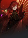  1girl bangs bodysuit breasts chain cloak eyebrows_behind_hair eyebrows_visible_through_hair fate/grand_order fate_(series) hair_over_one_eye highres looking_at_viewer oda_nobunaga_(fate) oda_nobunaga_(maou_avenger)_(fate) red_background red_eyes redhead simple_background solo yukuso_(dabiandang) 