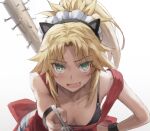  1girl bangs baseball_bat blonde_hair blush braid breasts fate/apocrypha fate_(series) fork french_braid green_eyes hair_ornament hair_scrunchie highres leaning_forward long_hair looking_at_viewer maid_headdress mordred_(fate) mordred_(fate/apocrypha) open_mouth parted_bangs ponytail scrunchie sidelocks small_breasts smile solo spiked_bat tonee 